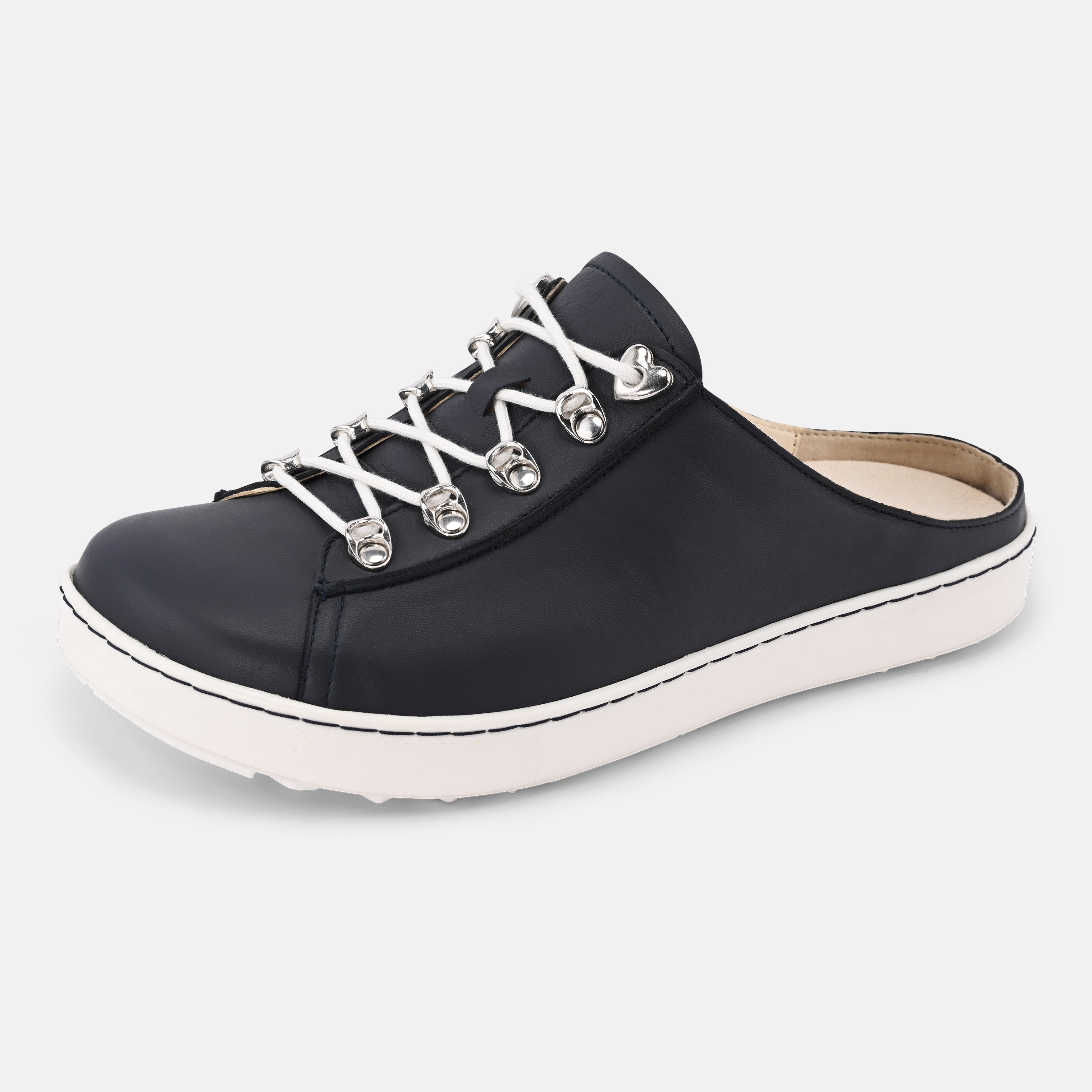 Black slip-on shoe with white sole on a light gray background