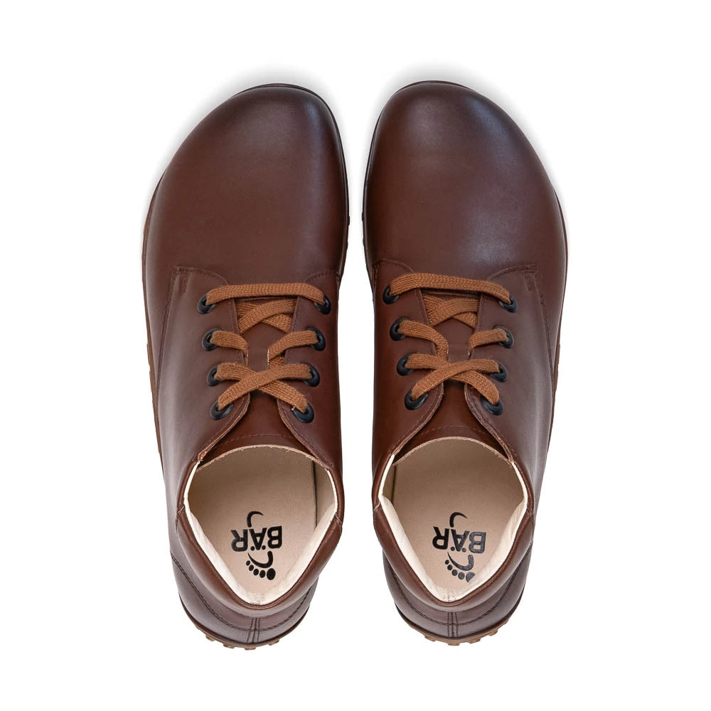Pair of brown leather shoes with laces on a white background
