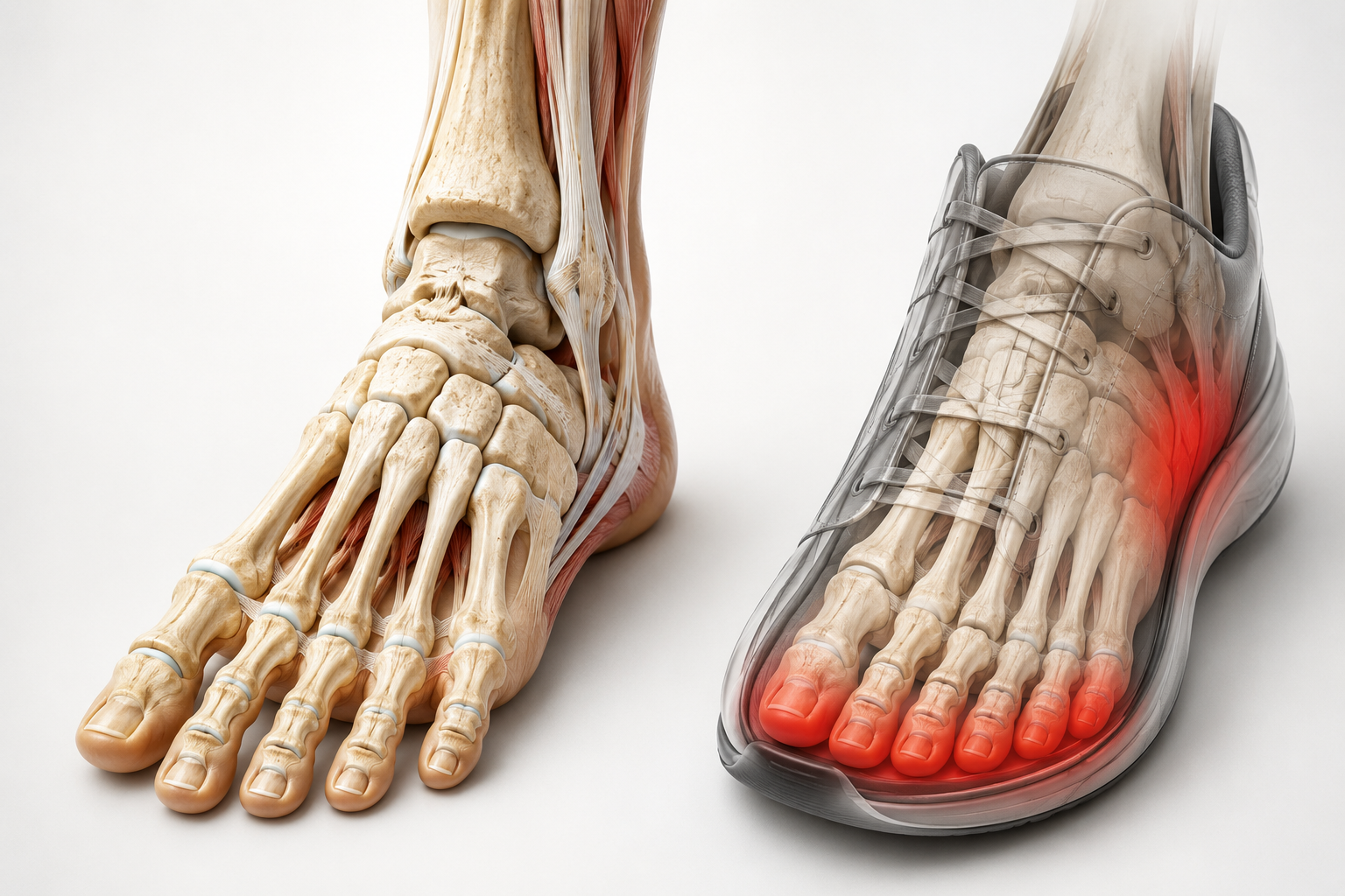 Human foot anatomy compared with a conventional shoe showing toe compression and restricted natural foot movement caused by narrow footwear.