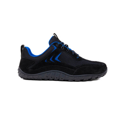 Black athletic shoe with blue accents on a white background