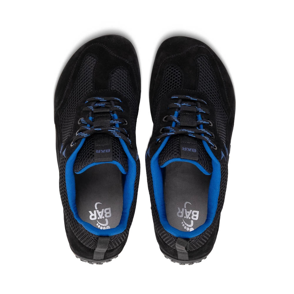 Black and blue athletic shoes with 'BAR' branding on a white background